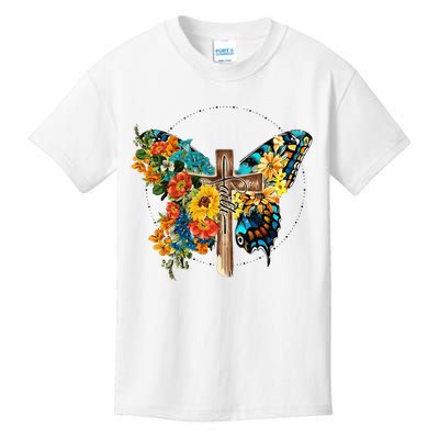 Cross Butterfly Floral Faith Christian Bible Jesus Lovers Kids T-Shirt