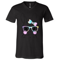 Cute Bunny Face Tie Dye Glasses Easter Day V-Neck T-Shirt