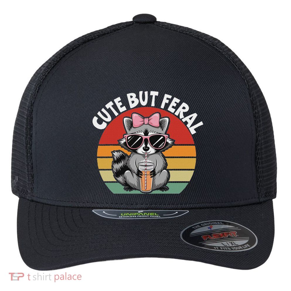 Cute But Feral Funny Colorful Racoon With Sunglasses Racoon Flexfit Unipanel Trucker Cap