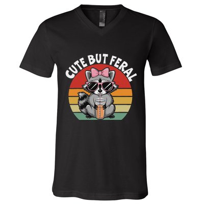 Cute But Feral Funny Colorful Racoon With Sunglasses Racoon V-Neck T-Shirt