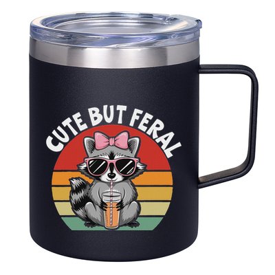 Cute But Feral Funny Colorful Racoon With Sunglasses Racoon 12oz Stainless Steel Coffee Mug