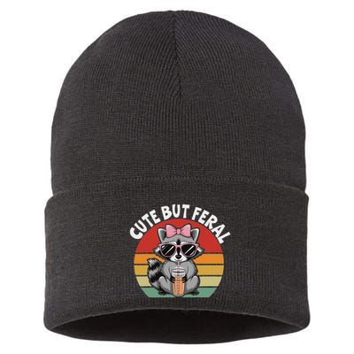 Cute But Feral Funny Colorful Racoon With Sunglasses Racoon Sustainable Knit Beanie