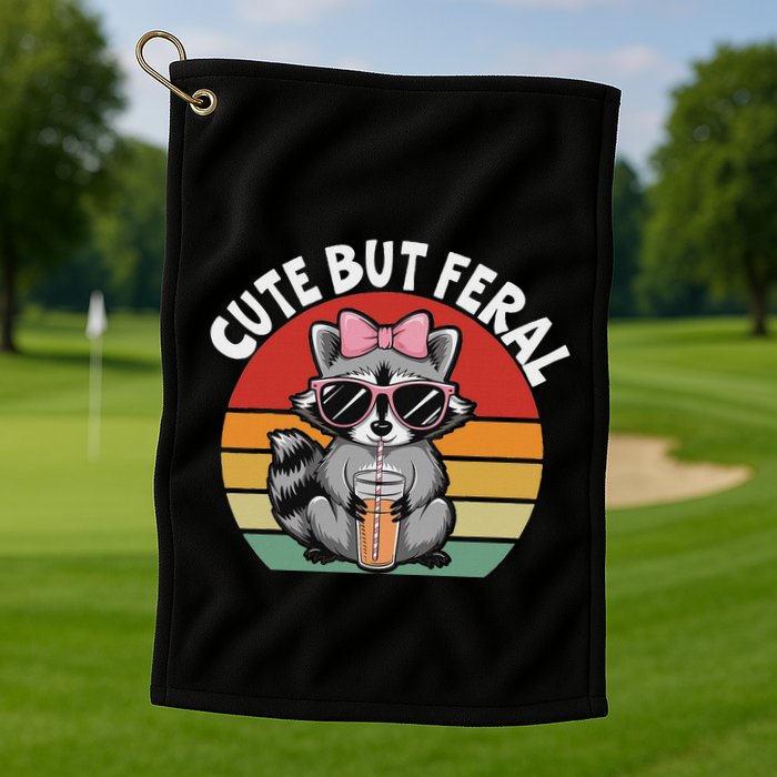 Cute But Feral Funny Colorful Racoon With Sunglasses Racoon Golf Towel