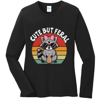 Cute But Feral Funny Colorful Racoon With Sunglasses Racoon Ladies Long Sleeve Shirt