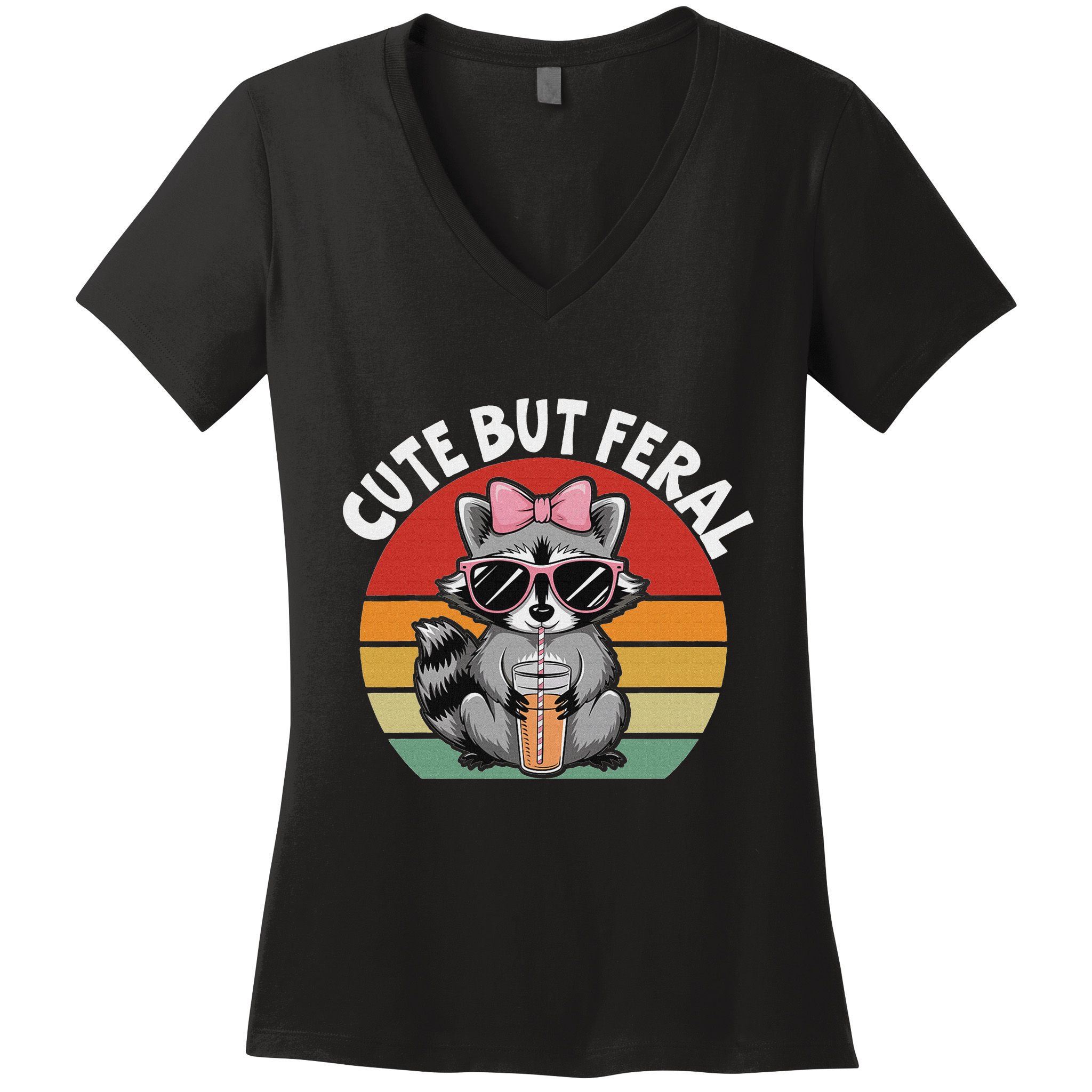 Cute But Feral Funny Colorful Racoon With Sunglasses Racoon Women's V-Neck T-Shirt