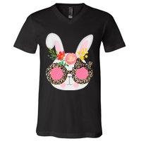 Cute Bunny Face Leopard Glasses Easter For Women Teen V-Neck T-Shirt