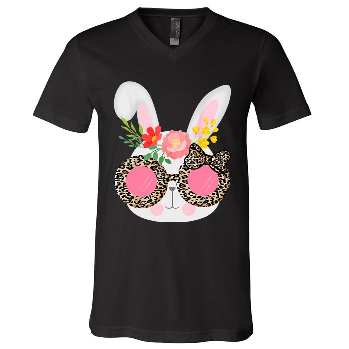 Cute Bunny Face Leopard Glasses Easter For Women Teen V-Neck T-Shirt