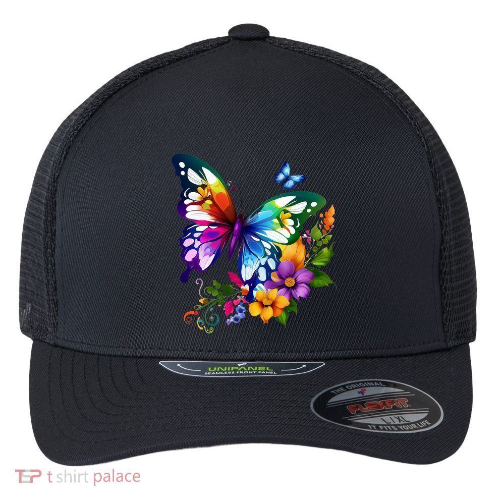 Colorful Butterfly Floral Flexfit Unipanel Trucker Cap