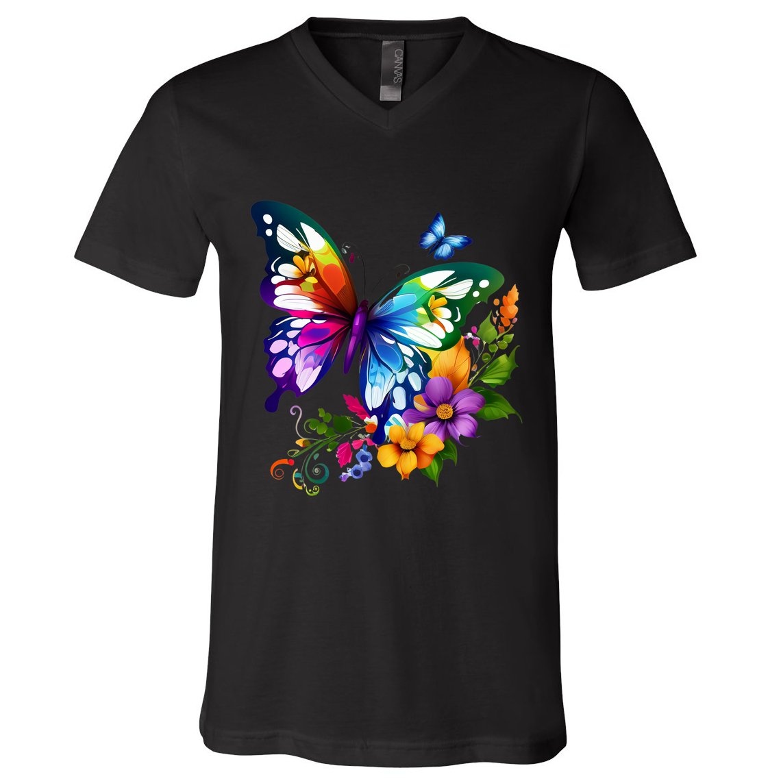 Colorful Butterfly Floral V-Neck T-Shirt