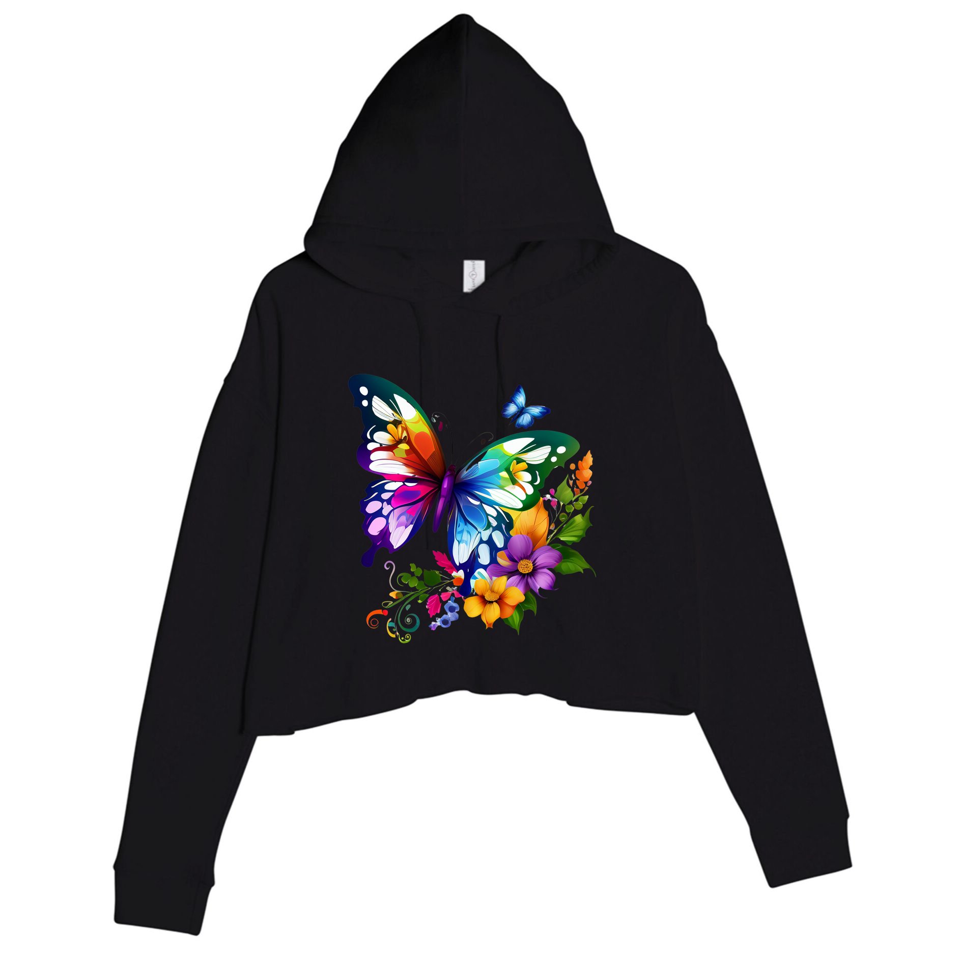 Colorful Butterfly Floral Crop Fleece Hoodie