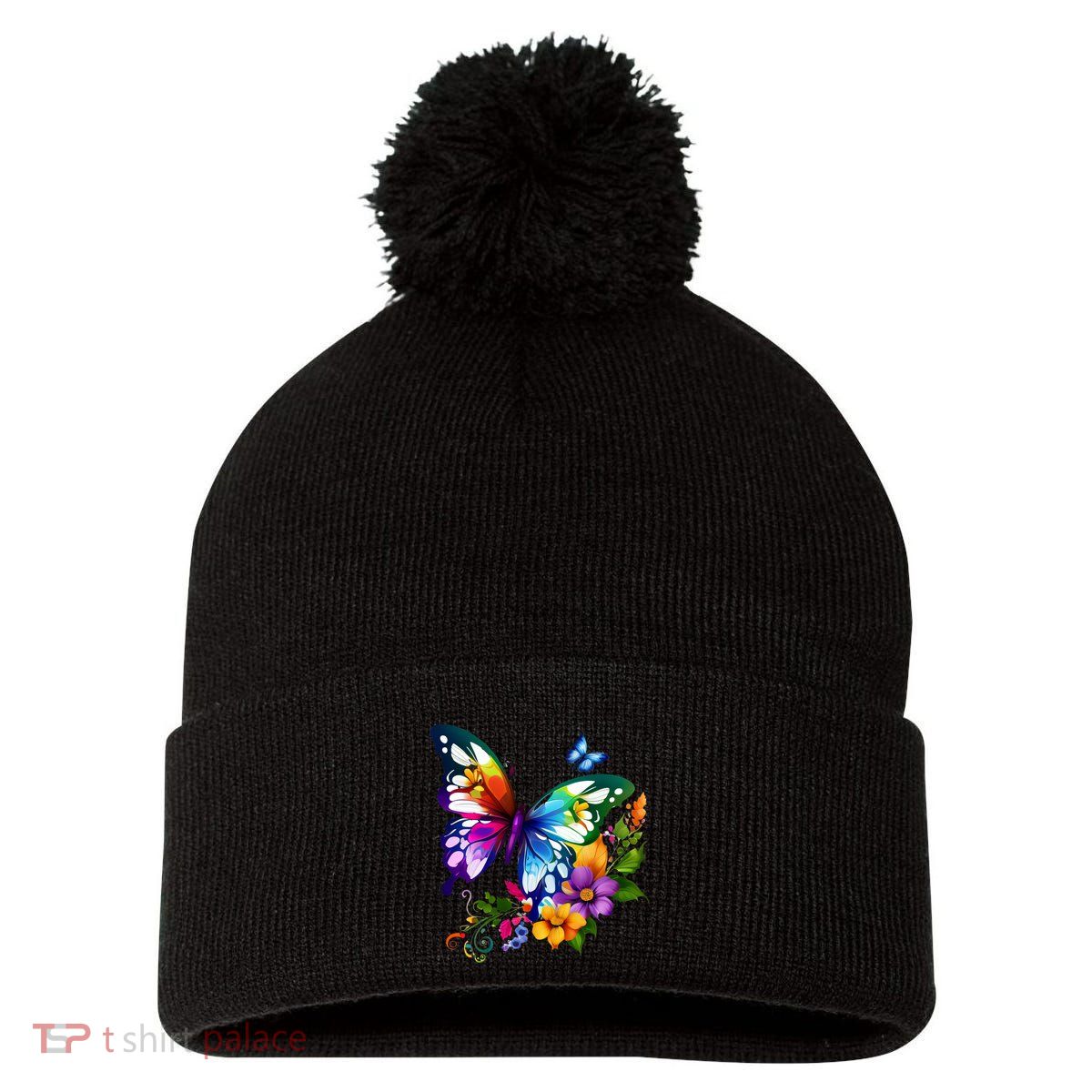 Colorful Butterfly Floral Pom Pom 12in Knit Beanie