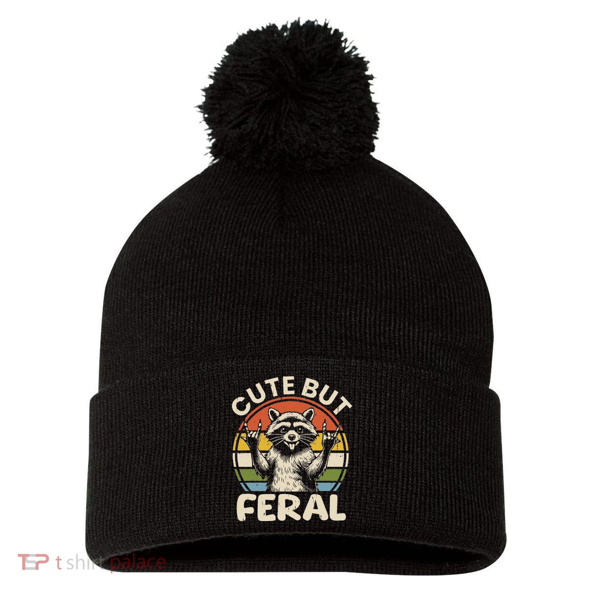 Cute But Feral Funny Raccoon Pom Pom 12in Knit Beanie