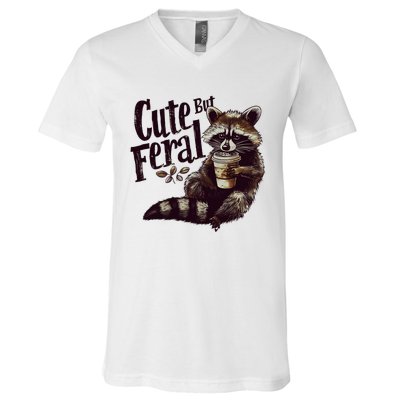 Cute But Feral Vintage Raccoon Coffee Lover V-Neck T-Shirt