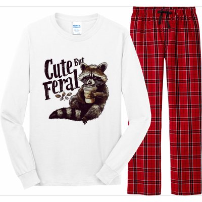 Cute But Feral Vintage Raccoon Coffee Lover Long Sleeve Pajama Set