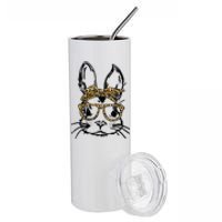 Cute Bunny Face Shirt Leopard Print Glasses EASTER Wo Boy Stainless Steel Tumbler