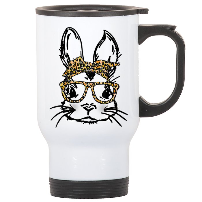 Cute Bunny Face Shirt Leopard Print Glasses EASTER Wo Boy Stainless Steel Travel Mug