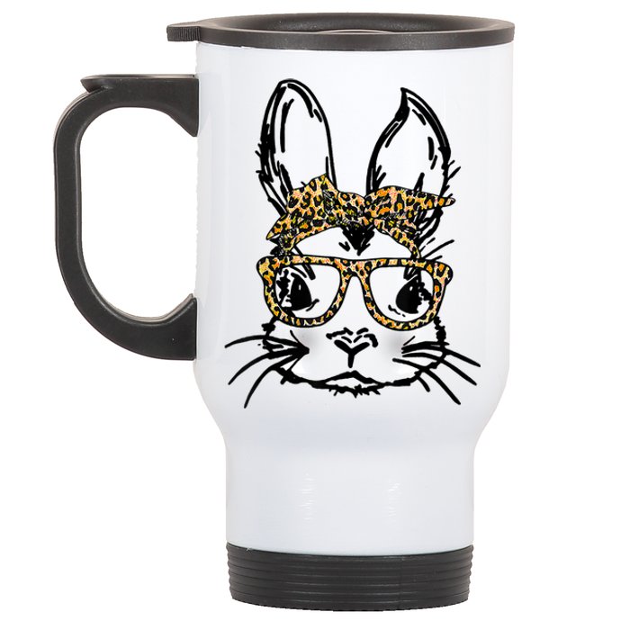 Cute Bunny Face Shirt Leopard Print Glasses EASTER Wo Boy Stainless Steel Travel Mug