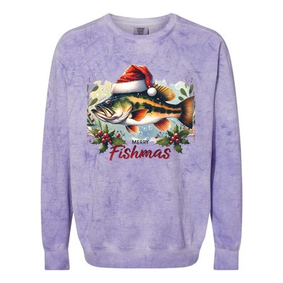 Christmas Bass Fish In Santa Hat Wishing A Merry Fishmas Gift Colorblast Crewneck Sweatshirt