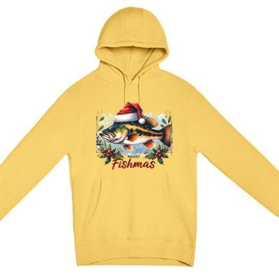 Christmas Bass Fish In Santa Hat Wishing A Merry Fishmas Gift Premium Pullover Hoodie