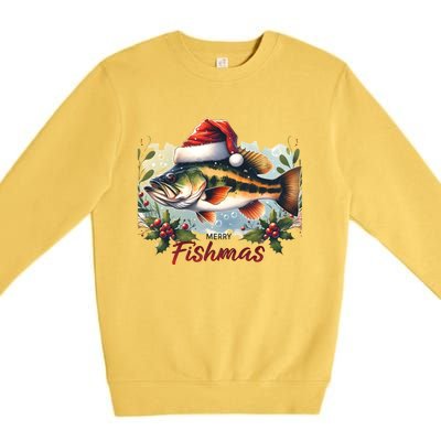 Christmas Bass Fish In Santa Hat Wishing A Merry Fishmas Gift Premium Crewneck Sweatshirt