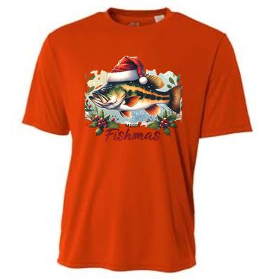 Christmas Bass Fish In Santa Hat Wishing A Merry Fishmas Gift Cooling Performance Crew T-Shirt