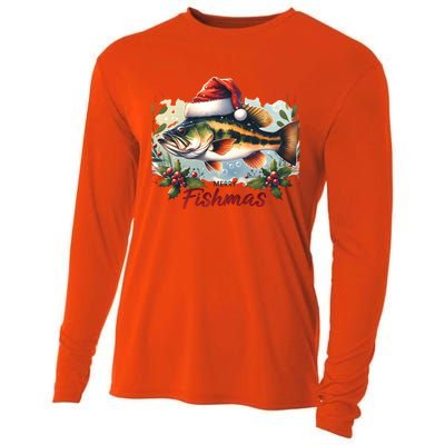 Christmas Bass Fish In Santa Hat Wishing A Merry Fishmas Gift Cooling Performance Long Sleeve Crew