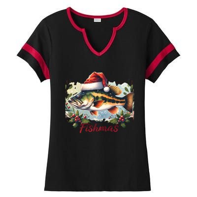 Christmas Bass Fish In Santa Hat Wishing A Merry Fishmas Gift Ladies Halftime Notch Neck Tee