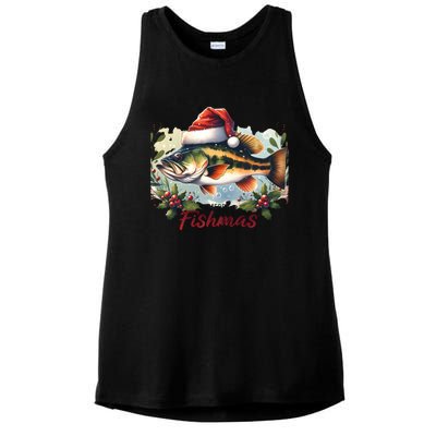 Christmas Bass Fish In Santa Hat Wishing A Merry Fishmas Gift Ladies PosiCharge Tri-Blend Wicking Tank