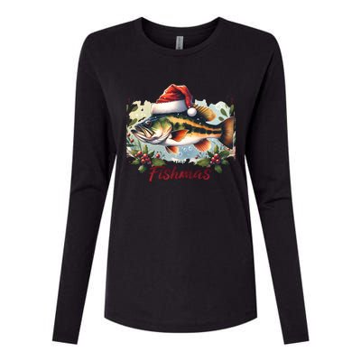 Christmas Bass Fish In Santa Hat Wishing A Merry Fishmas Gift Womens Cotton Relaxed Long Sleeve T-Shirt