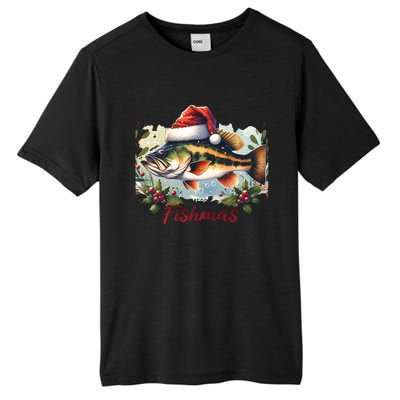 Christmas Bass Fish In Santa Hat Wishing A Merry Fishmas Gift Tall Fusion ChromaSoft Performance T-Shirt