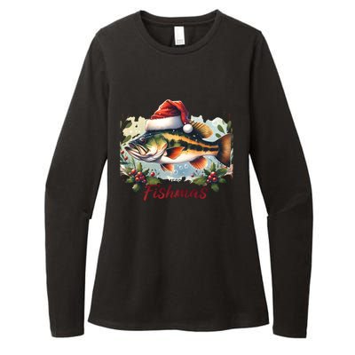 Christmas Bass Fish In Santa Hat Wishing A Merry Fishmas Gift Womens CVC Long Sleeve Shirt