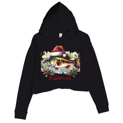 Christmas Bass Fish In Santa Hat Wishing A Merry Fishmas Gift Crop Fleece Hoodie