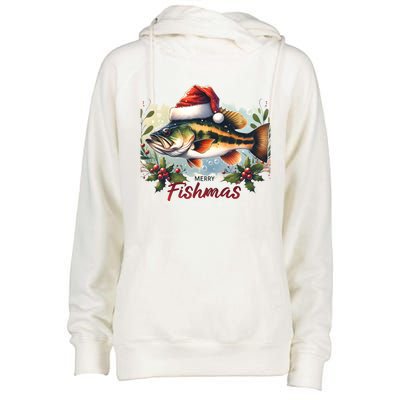 Christmas Bass Fish In Santa Hat Wishing A Merry Fishmas Gift Womens Funnel Neck Pullover Hood