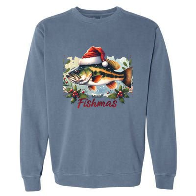 Christmas Bass Fish In Santa Hat Wishing A Merry Fishmas Gift Garment-Dyed Sweatshirt