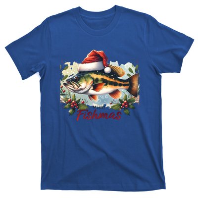 Christmas Bass Fish In Santa Hat Wishing A Merry Fishmas Gift T-Shirt