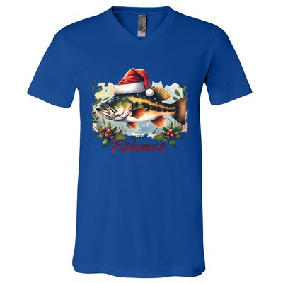 Christmas Bass Fish In Santa Hat Wishing A Merry Fishmas Gift V-Neck T-Shirt