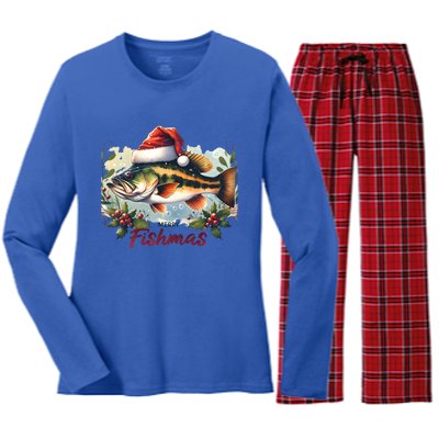 Christmas Bass Fish In Santa Hat Wishing A Merry Fishmas Gift Women's Long Sleeve Flannel Pajama Set 