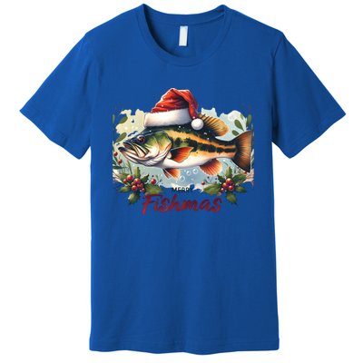 Christmas Bass Fish In Santa Hat Wishing A Merry Fishmas Gift Premium T-Shirt