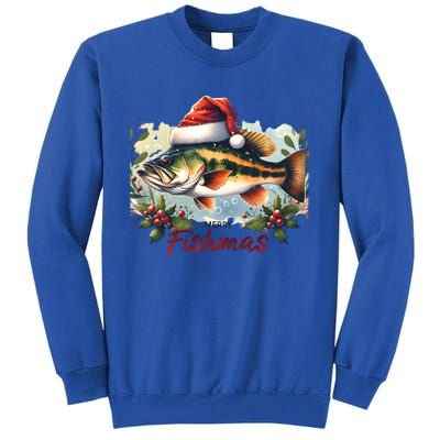 Christmas Bass Fish In Santa Hat Wishing A Merry Fishmas Gift Tall Sweatshirt