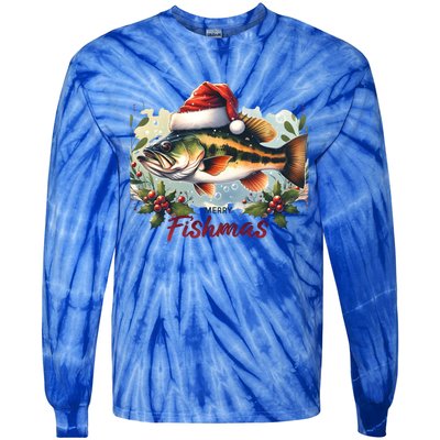 Christmas Bass Fish In Santa Hat Wishing A Merry Fishmas Gift Tie-Dye Long Sleeve Shirt