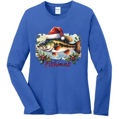 Christmas Bass Fish In Santa Hat Wishing A Merry Fishmas Gift Ladies Long Sleeve Shirt