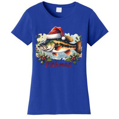 Christmas Bass Fish In Santa Hat Wishing A Merry Fishmas Gift Women's T-Shirt