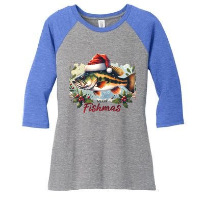 Christmas Bass Fish In Santa Hat Wishing A Merry Fishmas Gift Women's Tri-Blend 3/4-Sleeve Raglan Shirt