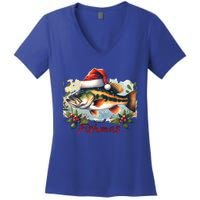 Christmas Bass Fish In Santa Hat Wishing A Merry Fishmas Gift Women's V-Neck T-Shirt