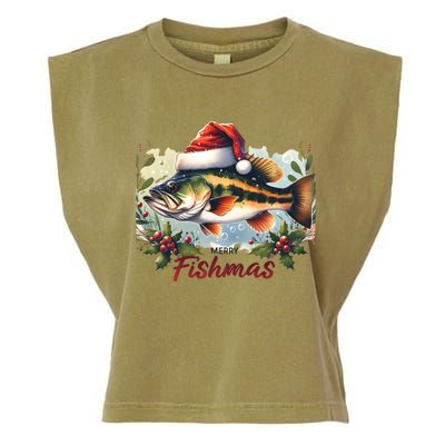 Christmas Bass Fish In Santa Hat Wishing A Merry Fishmas Gift Garment-Dyed Women's Muscle Tee