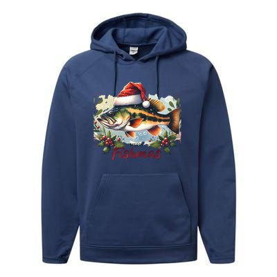 Christmas Bass Fish In Santa Hat Wishing A Merry Fishmas Gift Performance Fleece Hoodie