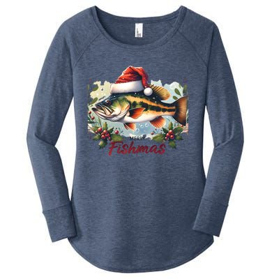 Christmas Bass Fish In Santa Hat Wishing A Merry Fishmas Gift Women's Perfect Tri Tunic Long Sleeve Shirt