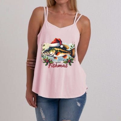 Christmas Bass Fish In Santa Hat Wishing A Merry Fishmas Gift Women's Strappy Tank