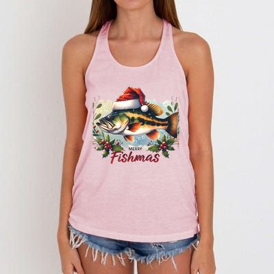 Christmas Bass Fish In Santa Hat Wishing A Merry Fishmas Gift Women's Knotted Racerback Tank