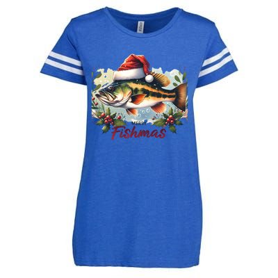 Christmas Bass Fish In Santa Hat Wishing A Merry Fishmas Gift Enza Ladies Jersey Football T-Shirt